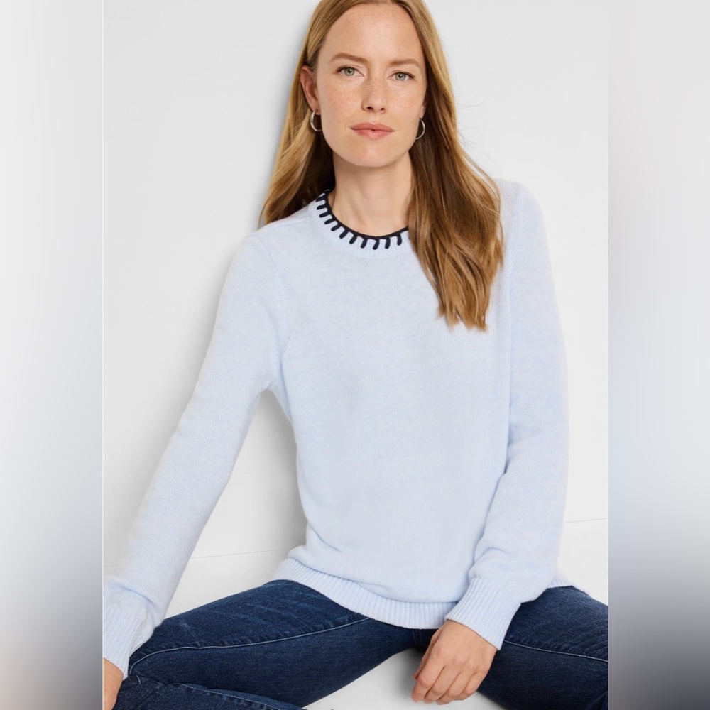 NIC+ZOE Blanket Stitch Cotton Cashmere Blend Sweater - Blue - M